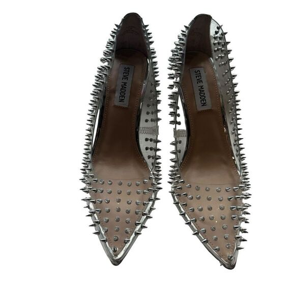 Revolve Steve Madden Luiza Vala Studded Clear Pointed toe Stiletto Heels Silver - Picture 4 of 12